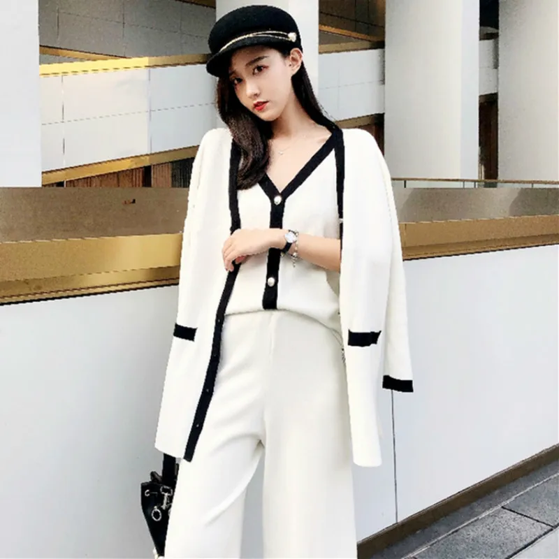 

Office Elegant Knitted Sweater 3 Piece Set Women Cardigan Conjunto Feminino Female Costume Tracksuit Top+pants Set Pull Femme