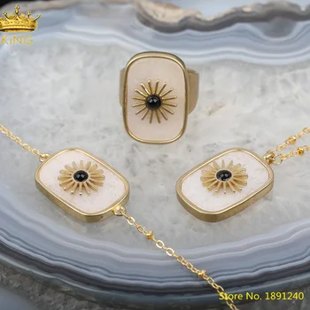 

5pcs Natural White Jades Stone Gold Open Adjustable Rings Fashion Women Paved Gold Sun Flower Rectangle Ring Jewelry HS-33KBBE