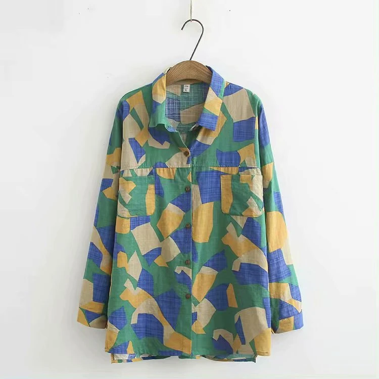 

Plus Size Women's Blouse New Tropical Geometric Printed Shirts Collared Long Sleeved Loose Tops
