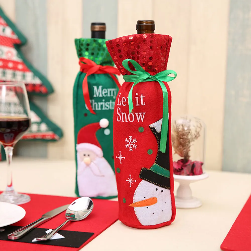 Christmas Sequins Wine Bottle Bag Xmas Santa Snowman Dinner Decor Cover Gifts