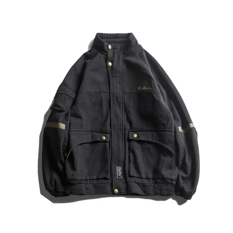 

American Vintage Large Pocket Tooling Jacket Men's Autumn Origional Washing Stand Collar Embroidered pin tiao Casual Coat Fashio
