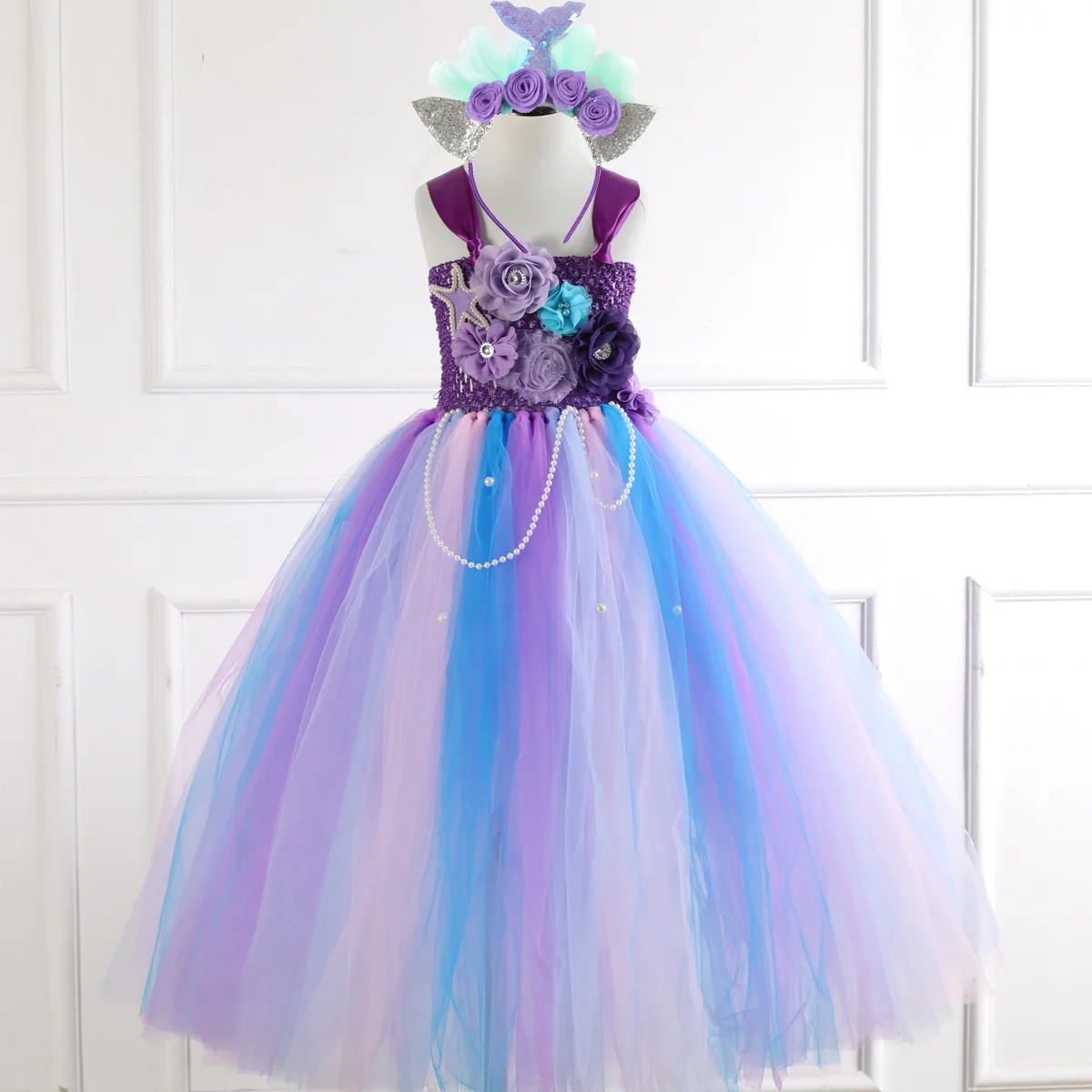 

Long Mermaid Tutu Dress for Children Kids Flower Pearl Tutu Dress Sleeveless Fairy Princess Girl Halloween Clothes for Party