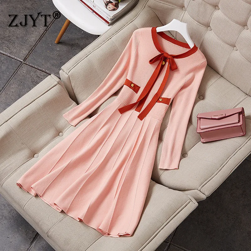 

Woman Dress 2019 Autumn Fashion Designer Long Sleeve Bow neck Color Block Knee Length Knit Sweater Dress Feamel Casual Vestidos