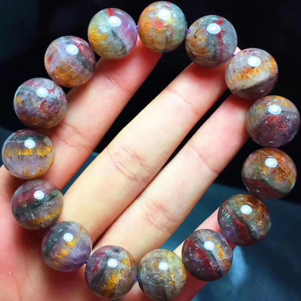 

14mm Top Natural Cacoxenite Rutilated Bracelet For Woman Lady Gold Purple Round Beads Gemstone Healing Stretch Jewelry AAAAAA