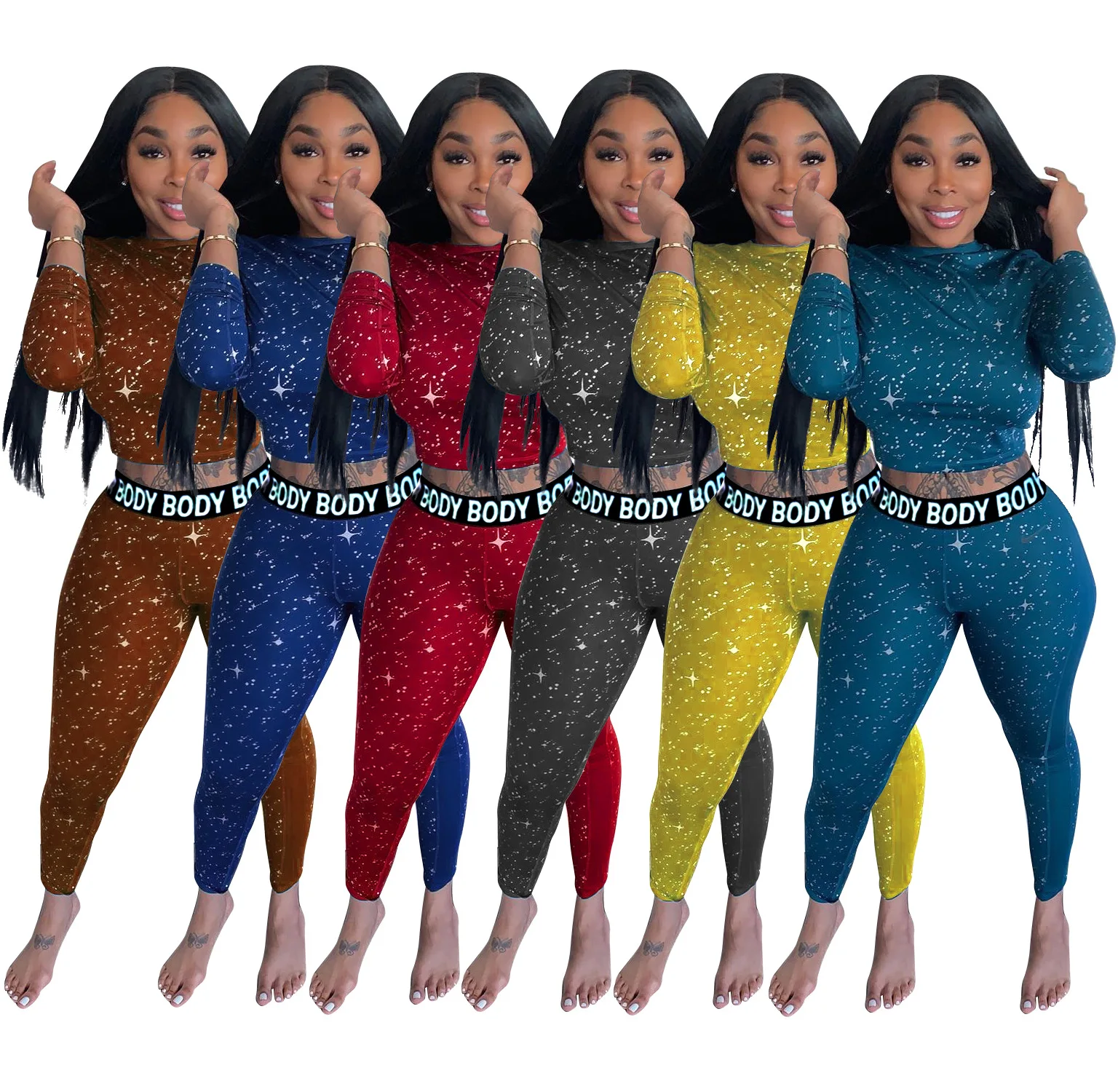 

Echoine Sports Star Body Letter Two Piece Set Women Crop Top Long Pencil Pants Suit Active Wear Ladies Tracksuit Fitness Outfits