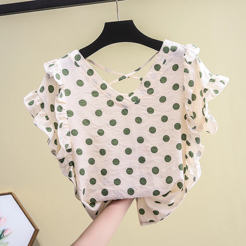 

JVCAKE Polka Dot Chiffon Shirt Women's Short Sleeve 2020 Summer New Loose V-Neck Shirt Backless Top