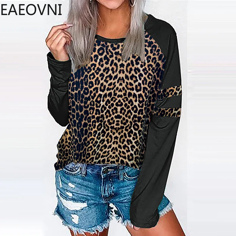 

2020 new women's tops long-sleeved T-shirt women autumn stitching street style leopard round neck pullover women tshirt