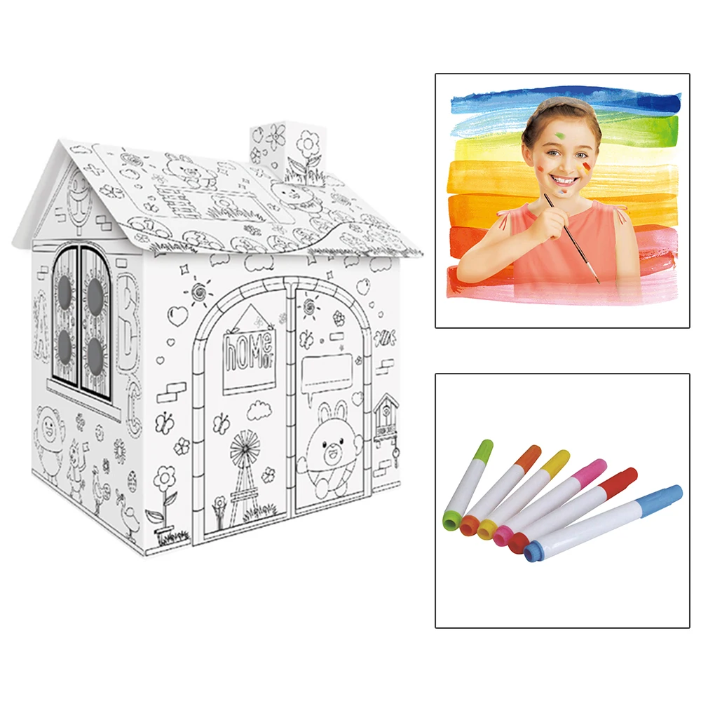 Детская игрушка для рисования DIY цветной граффити дом с 6 цветными ручками ручная роспись каракули бумажный дом Дети Раннее Образование игрушки