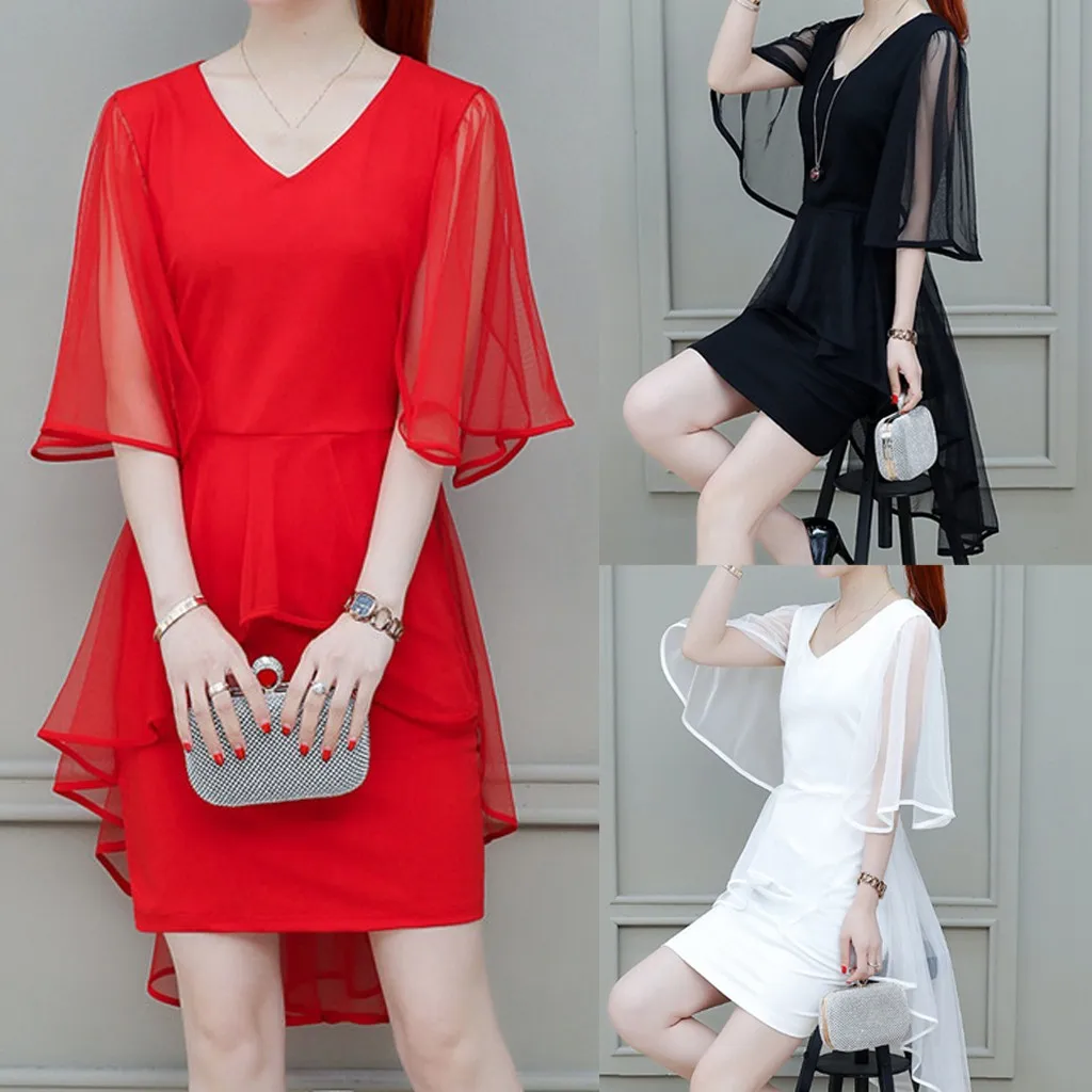 Women Summer Dress V Neck Short Sleeve Office Bodycon Dresses Pure Color High Waist Dinner Party Vestidos #3 | Женская одежда