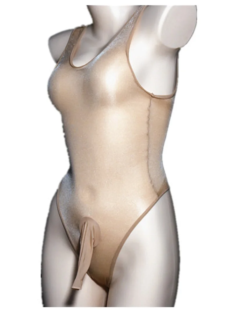 Sexy Men Oil Gloosy U Convex Pouch Bodysuit Sleepwear Open Sheath Sleeve See Through Tight Bandage Bodyhouse Gay Wear Puls Size