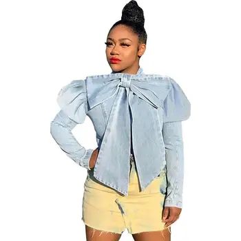 

Puff Sleeve Solid Blouse Womens Tops Blouses Blue Denim Blouse Loose Shirts Tops