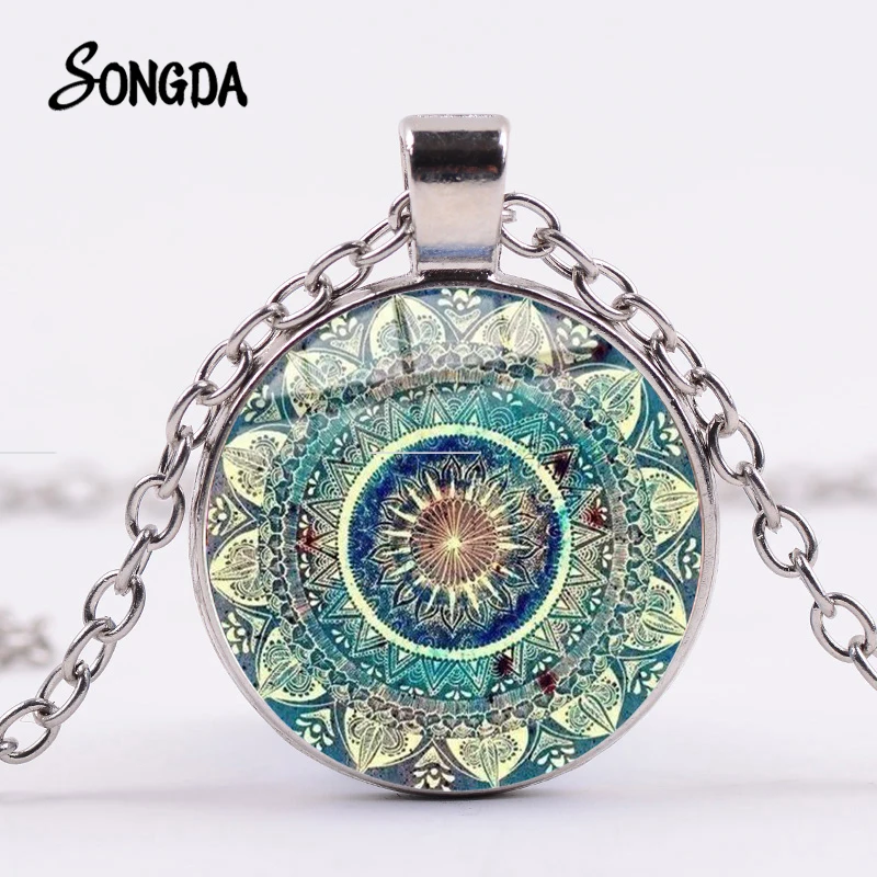 

SONGDA Charm Mandala Art Picture Glass Necklace Buddhism Chakra Om India Yoga Symbol Crystal Pendant Flowers Jewelry for Unisex