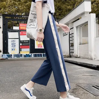 

Women Spring Autumn Color Matching Wide Leg Loose Elastic High Waist Straight Casual Pants