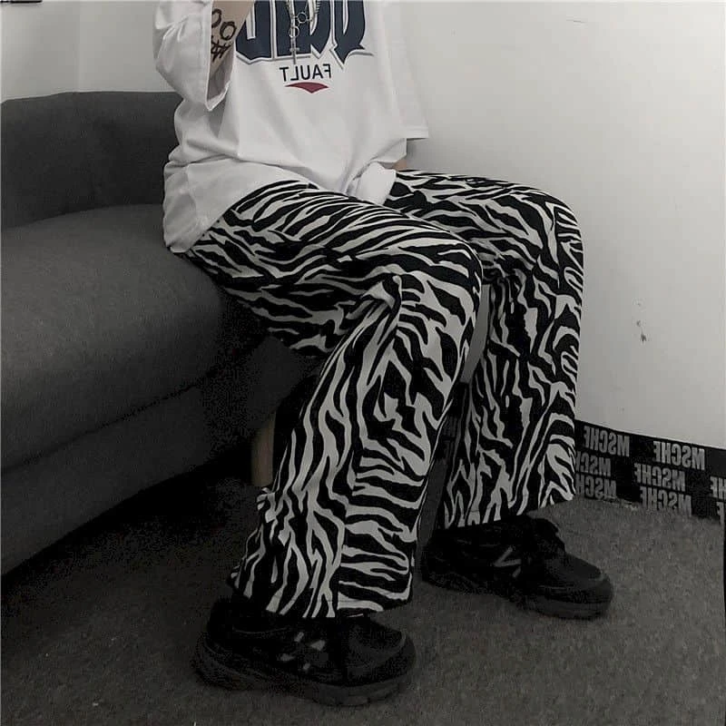 Pantalones largos de cintura alta con estampado de cebra para hombre y mujer, ropa de calle informal a rayas, pantalón holgado de Hip Hop con contraste Harajuku, novedad de verano|Pantalones pantalones