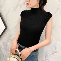 Female Slim T-Shirt Summer Black Solid Knit T Shirt Women Sexy Turtleneck Short Sleeve Casual Elegant Tee - Image 4