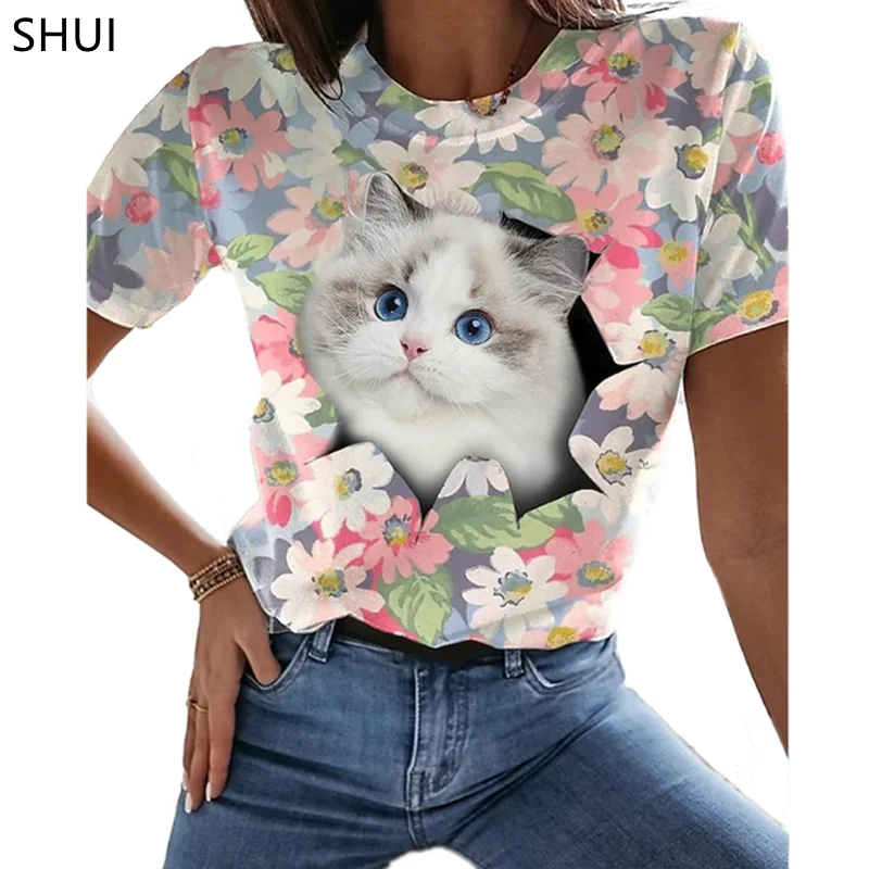 Animal Forest Cat 3D Printing Round Neck T-shirt Women Fun Short Sleeve Top Summer Pullover Retro Style Fashion Casual футболка
