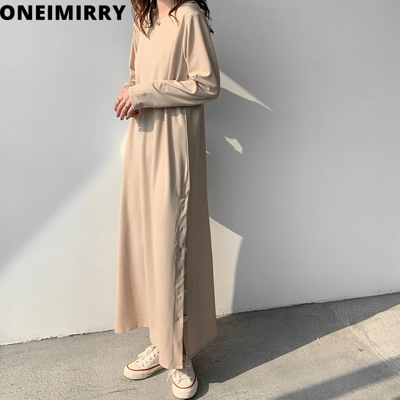 

2020 Autumn Plus Size Women Dress with Slit Button Design Solid Maxi Dresses Casual O-Neck Long Sleeve Office Lady Vestidos Robe