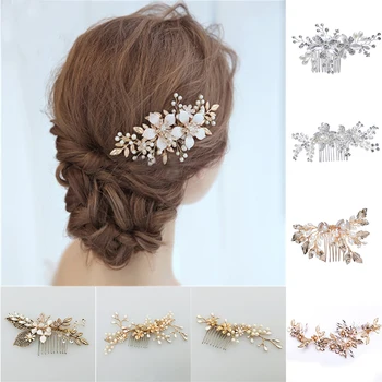 

Metal Leaf Bridal Hair comb Flowers Women's jewelry Accessories Beauty Handmade Bride Headwear Gold Headcomb Charms Headdress