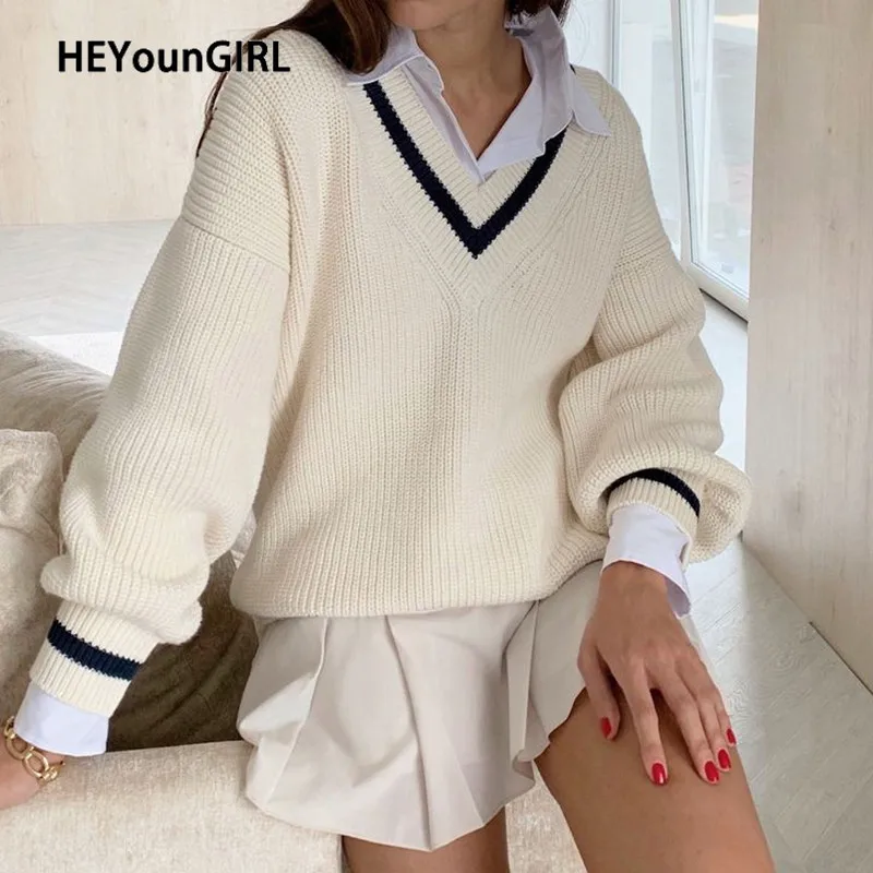 Женский свитер с V-образным вырезом HEYounGIRL повседневный белый джемпер длинным