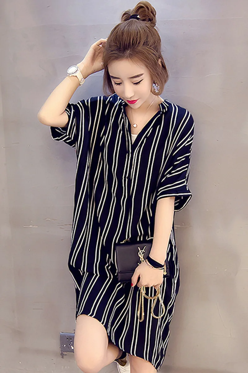 

2018 Fat M New Style Korean-style Plus-sized WOMEN'S Dress Mid-length Shirt Large GIRL'S Summer Short-sleeve Dress