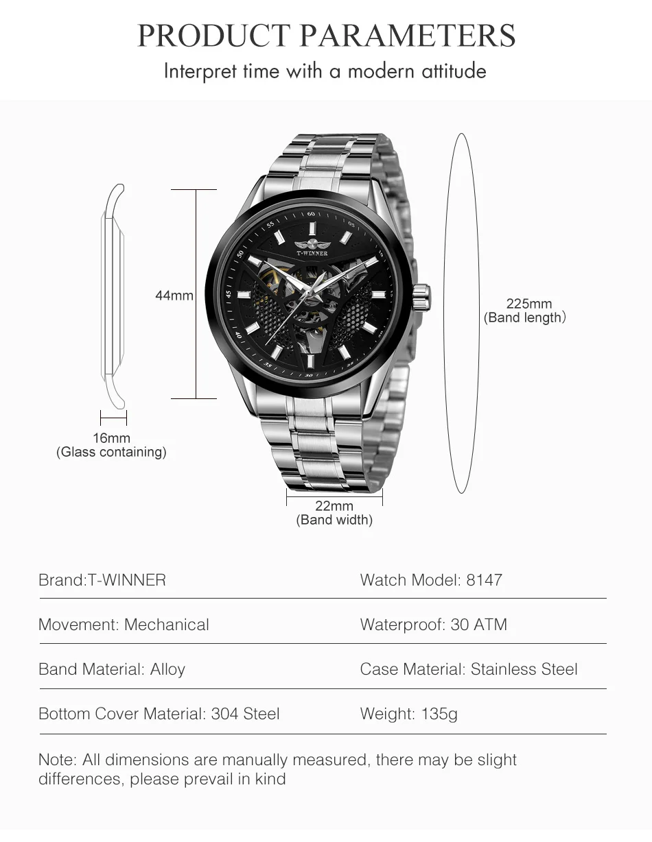 T-WINNER Men Watch Top Brand Mens Luxury Automatic Mechanical Watches Fashion Stainless Steel Skeleton Self Winding Wrist Watch