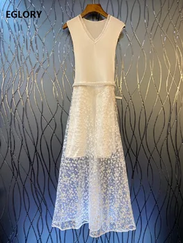

High Quality New 2020 Spring Summer Long Dress Women V-Neck Sexy Tulle Mesh Embroidery Patchwork Casual Long Knitted Dress Maxi