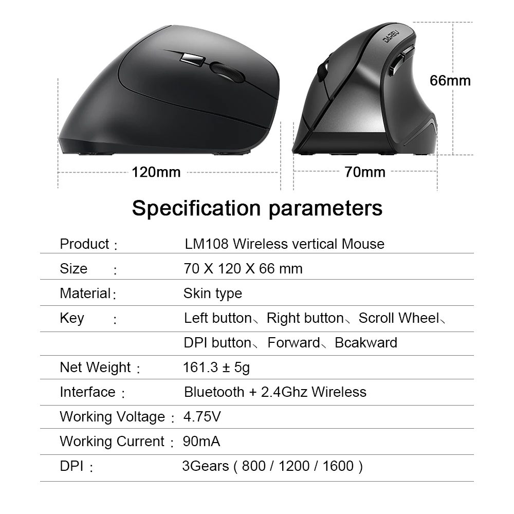 DAREU LM108 Bluetooth 4,0+ 2,4 ГГц, Двухрежимная беспроводная мышь, 6 кнопок, эргономичный тип кожи, вертикальная мышь для ПК, ноутбука, компьютера