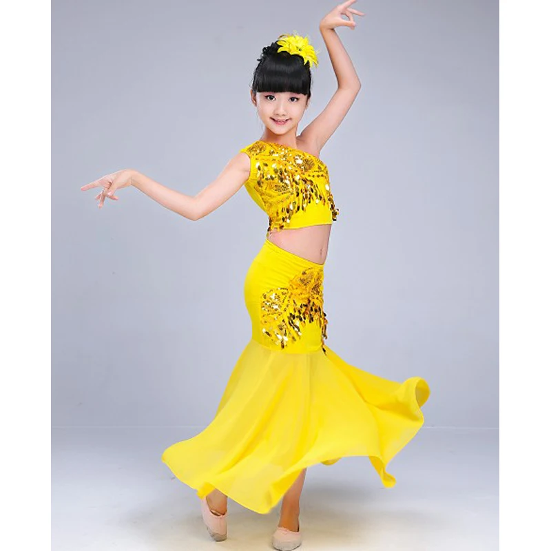 Yellow set Детские костюмы для танца живота для девочек, 3 шт., женский жилет с открытыми плечами, юбка в виде рыбьего хвоста, дизайн с блестками, детская одежда для костюмированной вечеринки - Цвет: Yellow set