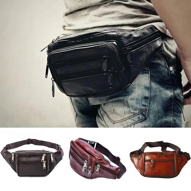 Black Leather Fanny Pack Waist Belt Bag Mens Womens Hip Travel CarryOn Pouch 