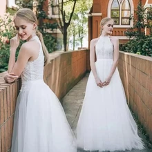 

Pure White A Line Wedding Dress Halter Neck Lace Sleeveless Tulle Bridal Gowns No Train Wedding Party Reception Dresses 2022