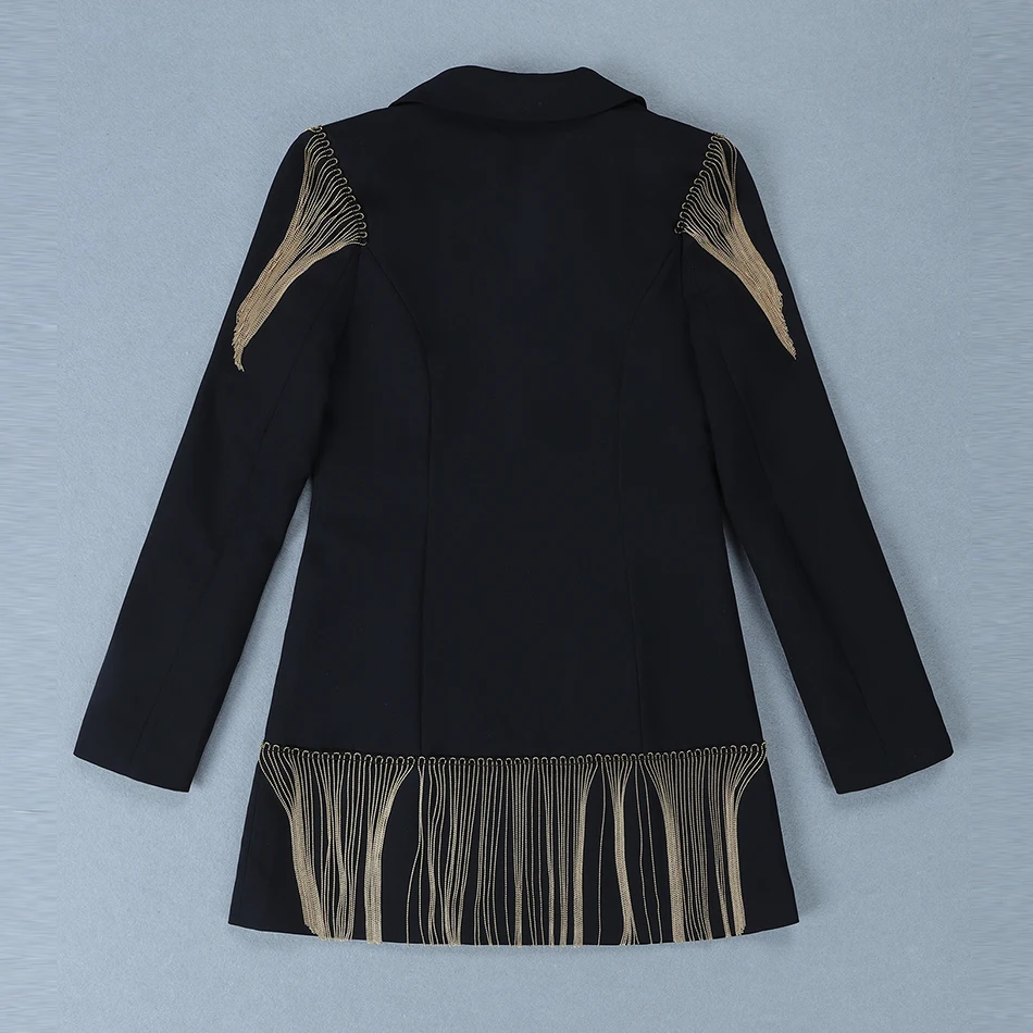 DEAT Autumn Winter Women Black Double Breasted Button Rhinestone Tassel Notched Collar Slim Blazer Women Coat 19J-a88