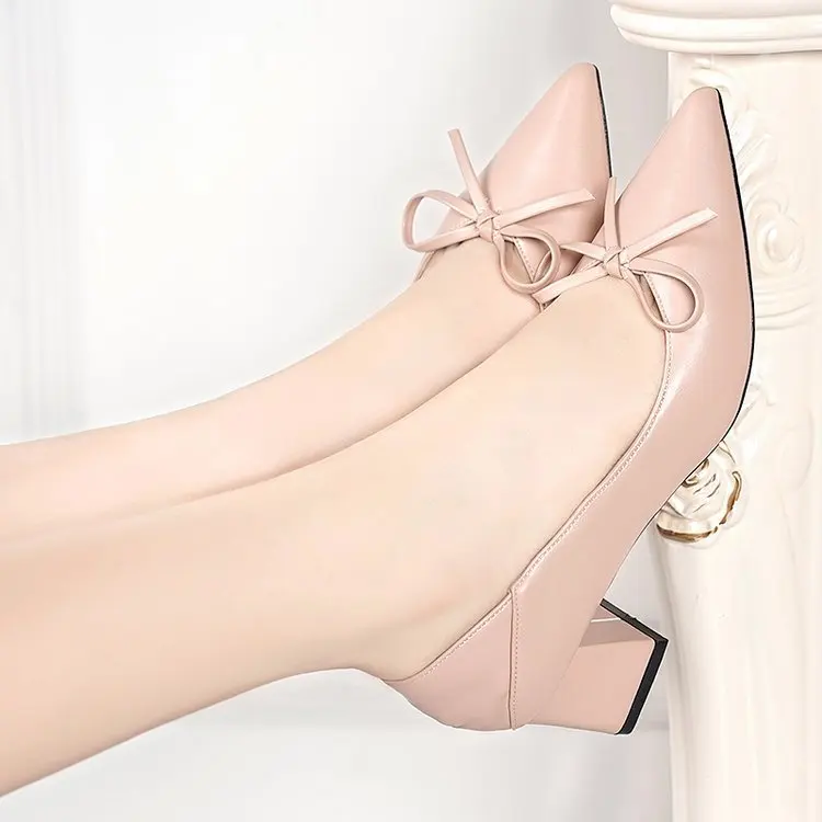 

2019 Autumn High Heel Shoes Pointed Toe Chunky Heel Low-Cut Mature Fashion Shoes Bow Dual Purpose WOMEN'S Shoes Shoes