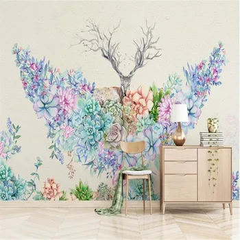 

Large 3D Wallpaper Mural Custom Nordic Plant Flower Elk TV Background Wallpaper Mural