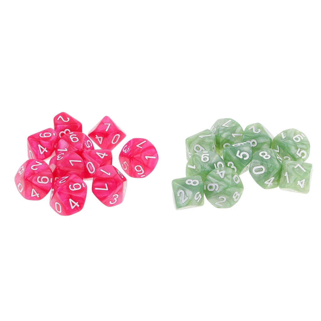 20pcs 10 Sided Dice D10 Polyhedral Dice for Dungeons and Dragons Game Green + Pink