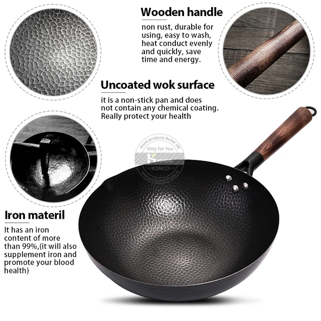 Konco Pure Iron wok cast iron pan Non-coated Pot General use for Gas and Induction Cooker 32cm Chinese Wok Cookware Pan 4