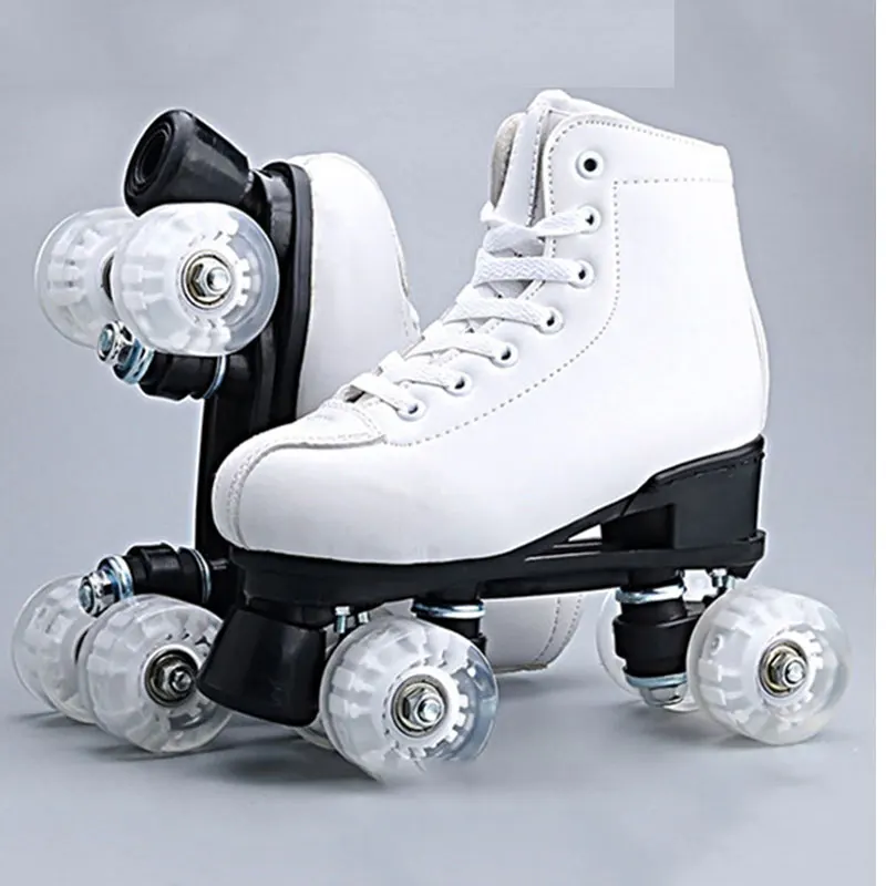 

Artificial Leather Roller Skates Double Line Skates Women Men Adult Two Line Skating Shoes Patines With White PU 4 Wheels