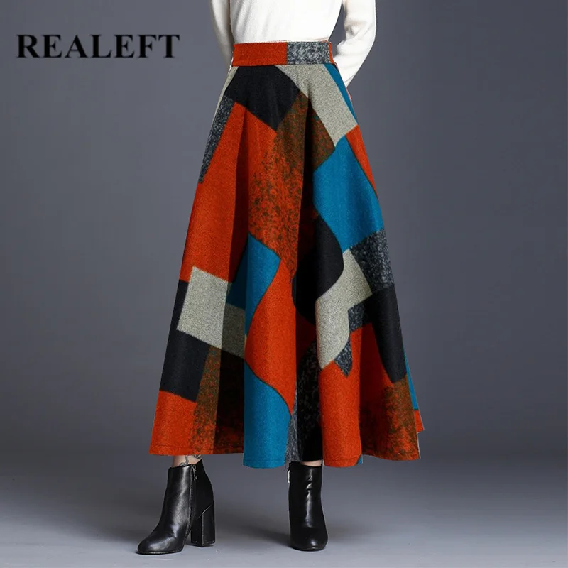 

REALEFT Autumn Winter Woolen Women Vintage Floral Printed A-Line Long Skirts High Waist Harajuku Tulle Skirts Pocket 2019 New