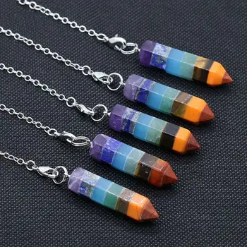 

7 Chakra Stacked Layered Rainbow Healing Heart Crystal Dowsing Divination Pendulums Hexagon Point Stones Pendant Jewelry