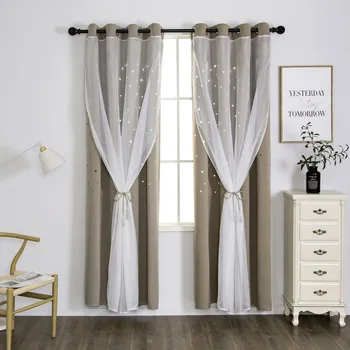 

Chiffon Hollow star Double layer Shading curtain Bedroom sexy decorative curtains apricot living room solid color curtain custom