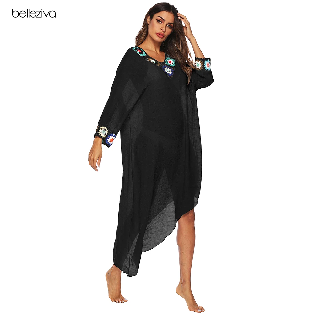Belleziva Women Irregular Crochet Flower Beach Cover-up Single Strapless Stitching V-neck Long Sleeve Dress