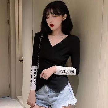 

Women Sweater V-neck Long-sleeve Patchwork Letter Fashion Autumn Knitted Female Jumper Pullover Basic Elasticity Clothing