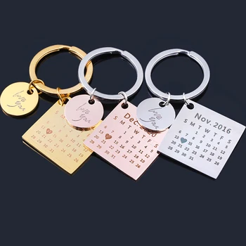 

Stainless Steel Custom Calendar Keychain Handwork Engraved Private Date Name Keyring Wedding Anniversary Boyfriend Gifts