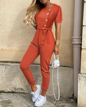 

Solid Short Sleeve Bottoned Jumpsuit