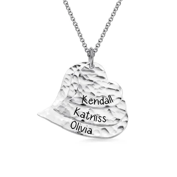 

AILIN Personalized Engraved Name Necklace Hammered Three Heart Pendant Necklace for Mom