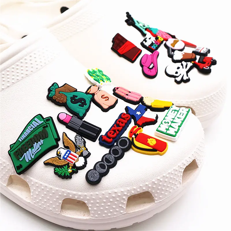 Novelty 31 Types Shoe Charms Accessories Texas Money Death Beer PVC Shoe Decoration Designer for croc jibz Kids X-mas Party Gift