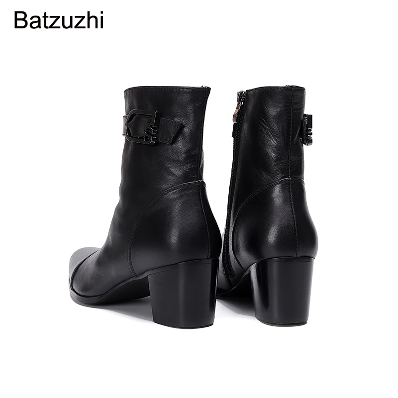 Batzuzhi 2021 Men Boots Pointed Toe Black Genuine Leather Ankle Boots Men Zip 7CM High Heels Handsome Botas Hombre Party/Wedding