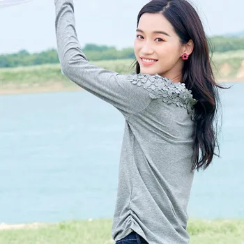 

Fashion Women Loose cotton T-shirt Long Sleeve sweet Flower splice Casual woman O-neck gray tops & tees simple womens clothing