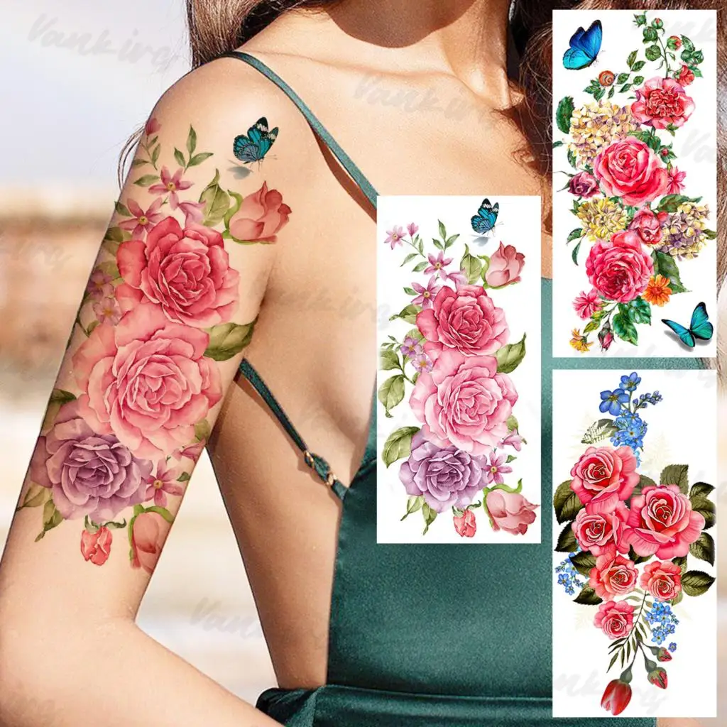 Colorful Dahlia Butterfly Temporary Tattoos For Women Adults Realistic Rose Flower Fake Tattoo Sticker Sexy Arm Leg Tatoos 3D | Красота и