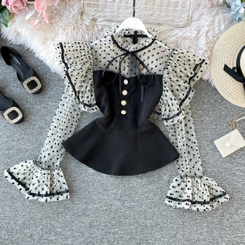 

Women's French Vintage Shirt Spring Autumn New Temperament Tops Wave Dot Mesh Patchwork Ruffled Flare Sleeve Shirt Tops ML686