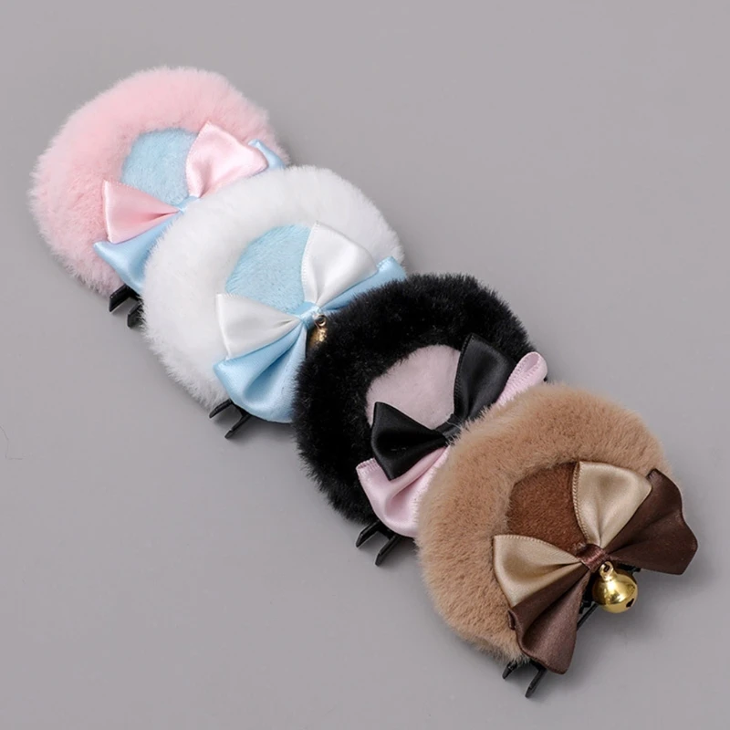 Handmade Faux Fur Round Bear Ears Hair Clip Sweet Double Bowknot Bell Plush Animal Hairpins Anime Lolita Kawaii Cosplay Barrette halloween costumes